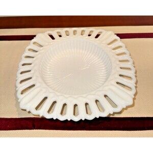 VTG Fostoria Arlington Square Milk Glass Reticulated Bowl Open Lace